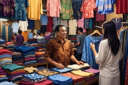 PELAKU USAHA TEKSTIL - Ilustrasi pedagang pakaian sedang melayani pembeli. (ai)
