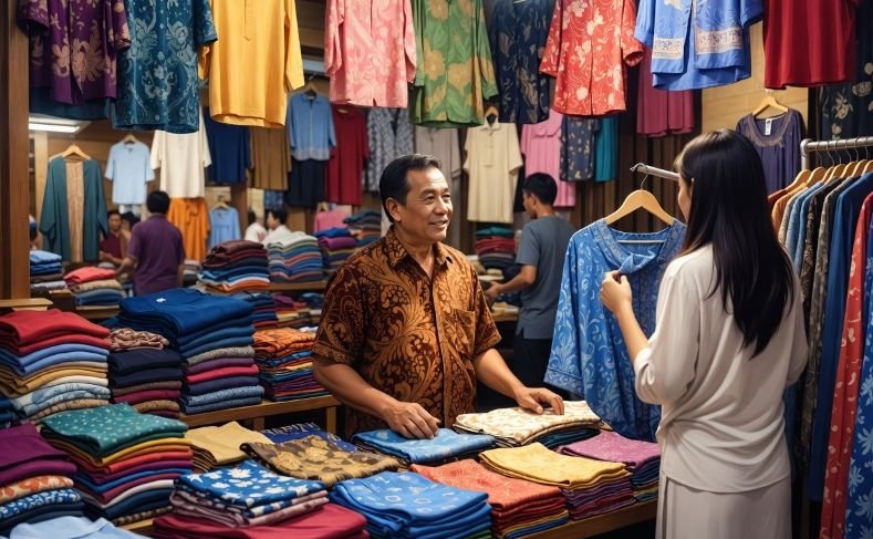 PELAKU USAHA TEKSTIL - Ilustrasi pedagang pakaian sedang melayani pembeli. (ai)