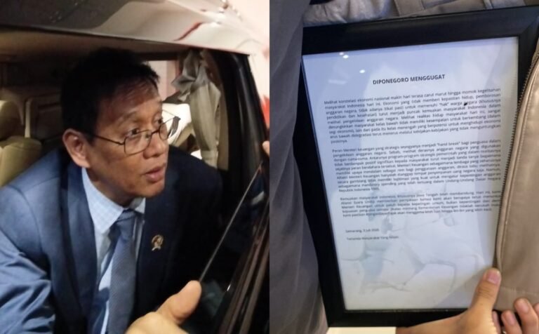 KOLASE - Menteri Keuangan Purbaya Yudhi Sadewa (kiri) dan policy brief bertajuk "Diponegoro Menggugat" yang diserahkan mahasiswa Undip, Jumat (3/7/2026). (dul)