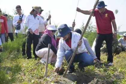 TANAM CEMARA--Wali Kota Semarang Agustina Wilujeng (depan) bersama Karang Taruna Kecamatan Tugu, menanam cemara laut di Pulau Tirang, Minggu (12/7/2026). (ist)
