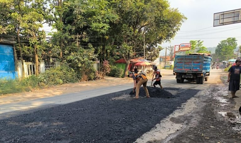 JALAN RUSAK--Petugas memperbaiki kerusakan ruas Jalan Candi Penataran Raya, Kalipancur, Kota Semarang. (ist)