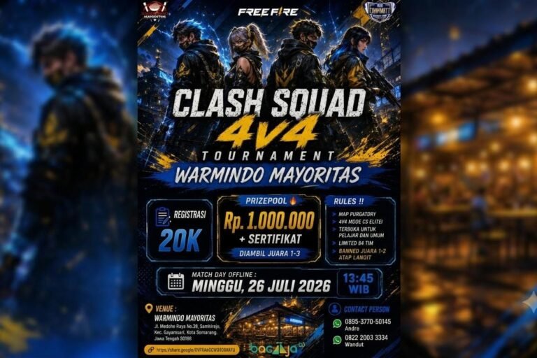 TURNAMEN FREE FIRE - Komunitas e-sport RIKAS bersama Warmindo Mayoritas kembali menggelar turnamen Free Fire Clash Squad 4v4, dengan kuota terbatas hanya 64 tim.