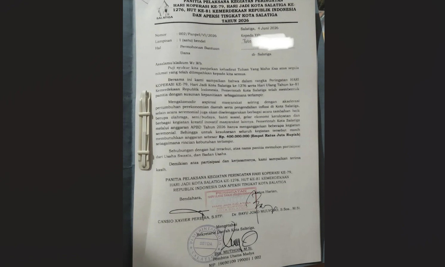 PROPOSAL BANTUAN - Pemkot Salatiga ider proposal permohonan bantuan dana untuk HUT kota. Belakangan, proposal ditarik setelah menimbulkan kontroversi.