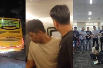 TANGKAP KURIR SABU - Petugas dari Bareskrim Polri mencegat bus penumpang di Tol Pekalongan, untuk menangkap kurir sabu yang membawa kiriman 100 gram sabu-sabu. (ist)
