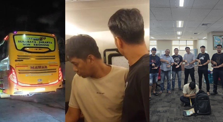 TANGKAP KURIR SABU - Petugas dari Bareskrim Polri mencegat bus penumpang di Tol Pekalongan, untuk menangkap kurir sabu yang membawa kiriman 100 gram sabu-sabu. (ist)