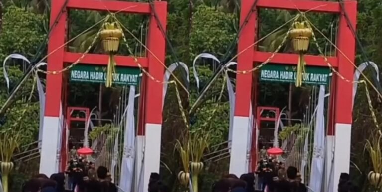 AMBRUK SAAT DIRESMIKAN - Jembatan gantung di Desa Margacinta, Kecamatan Cijulang, Kabupaten Pangandaran, ambruk saat diresmikan Bupati Citra Pitriyami, Minggu sore (30/8/2026).