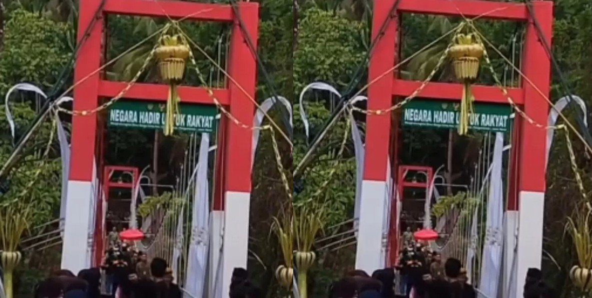 AMBRUK SAAT DIRESMIKAN - Jembatan gantung di Desa Margacinta, Kecamatan Cijulang, Kabupaten Pangandaran, ambruk saat diresmikan Bupati Citra Pitriyami, Minggu sore (30/8/2026).