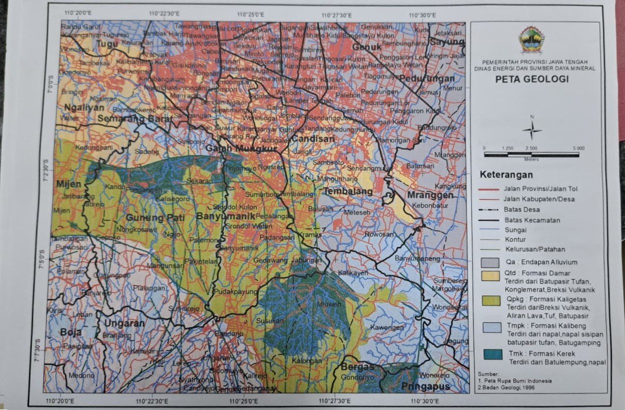 JALUR SESAR--Peta geologi milik Dinas ESDM Jateng yang mengacu pada Van Bemmelen, menunjukkan jalur sesar di Kota Semarang. (bae)