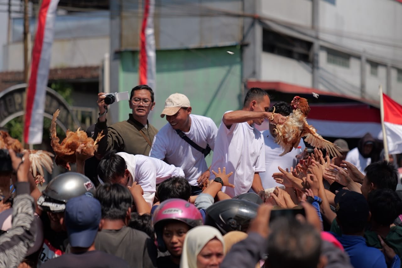 PROTES HARGA PAKAN - Peternak di Temanggung membagikan 5.000 ayam petelur kepada warga, sebagai bentuk protes atas mahalnya harga pakan ternak, Senin (10/8/2026). Menurut peternak, lebih ayam itu dibagikan kepada warga daripada mati di kandang. (*)