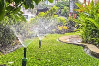 PENYIRAM OTOMATIS--Penyiram otomatis sedang difungsikan di Taman Brilian, Jalan Pandanaran, Kota Semarang. (ist)