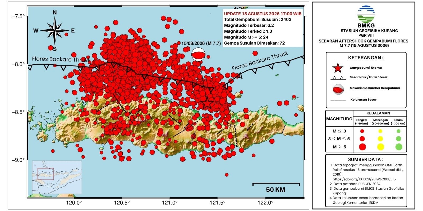 RIBUAN GEMPA SUSULAN - Pulau Flores di NTT terus diguncang gempa susulan, setelah gempa pertama terjadi pada Sabtu (15/8/2026) lalu. Peta dari BMKG menunjukkan sebaran titik gempa susulan. (ist)