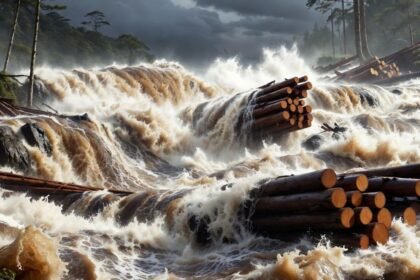 Ilustrasi banjir yang menghanyutkan kayu gelondongan.