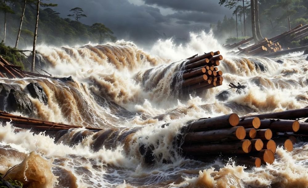 Ilustrasi banjir yang menghanyutkan kayu gelondongan.