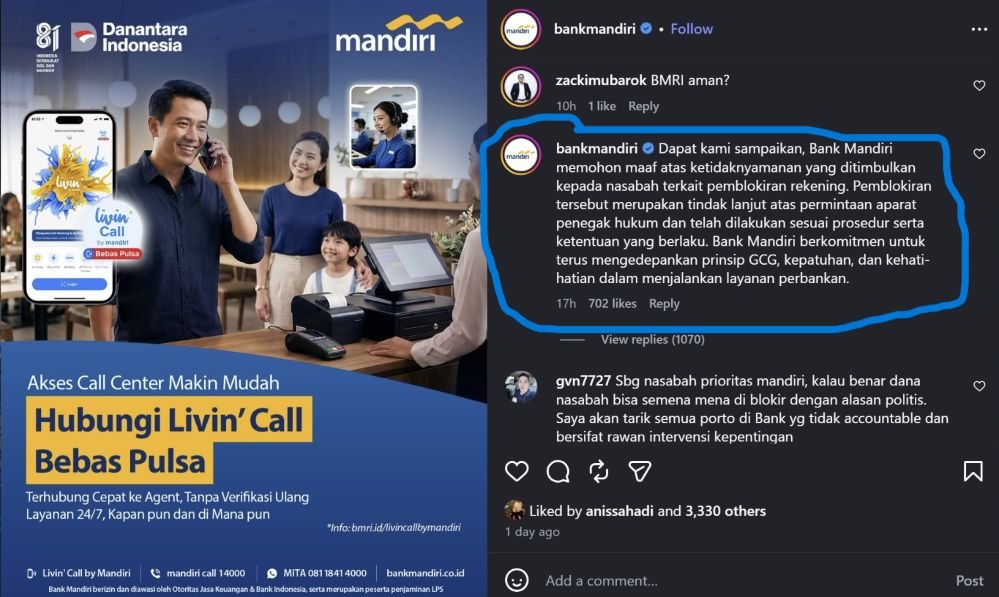 ATAS PERMINTAAN APARAT - Bank Mandiri, melalui akun IG resmi mereka menyatakan pemblokiran rekening Supriyono alias Botok, warga Pati, atas permintaan aparat. Namun, Mandiri tak menjelaskan instirusi aparat negara tersebut.