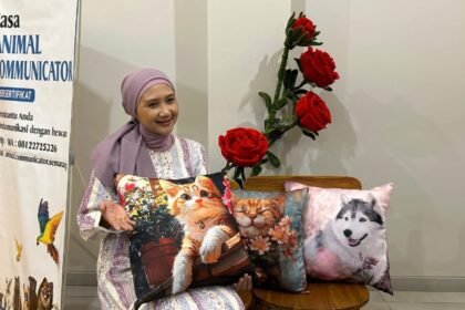 BANTAL KUCING - Dina memegang bantal bergambar kucing buatan tangannya sendiri, Minggu (27/9/2026). Sebagian keuntungan dari jualan bantal kucing itu digunakan untuk memberi makan kucing jalanan. (dul)