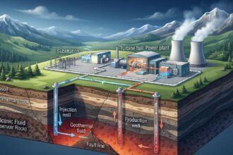 Ilustrasi proyek pemanfaatan panas bumi atau geotermal.