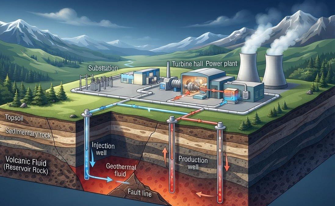 Ilustrasi proyek pemanfaatan panas bumi atau geotermal.