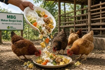 SISA MBG - Ilustrasi sisa menu Makan Bergizi Gratis (MBG) jadi pakan ternak ayam.
