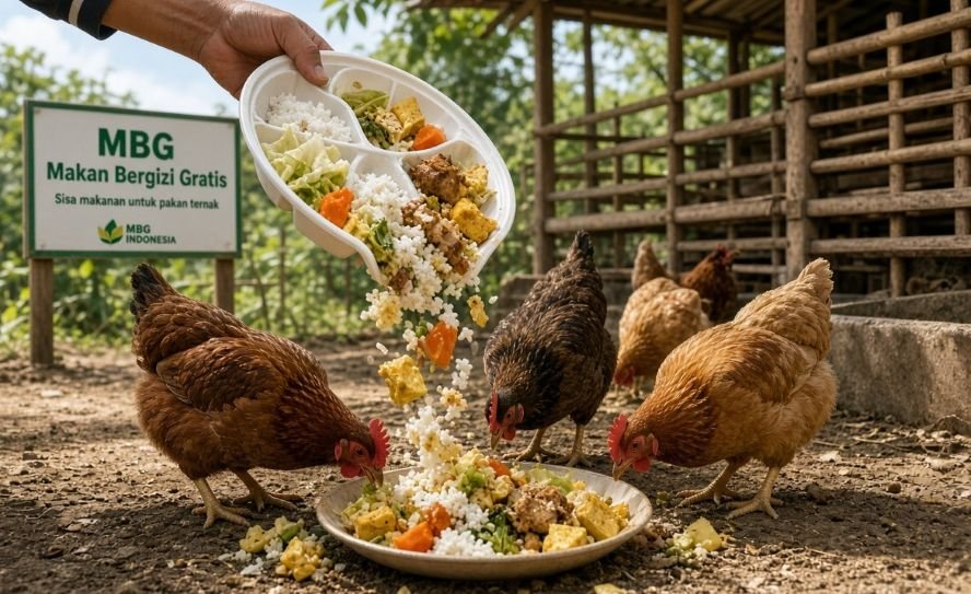 SISA MBG - Ilustrasi sisa menu Makan Bergizi Gratis (MBG) jadi pakan ternak ayam.