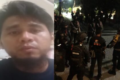 PENANGKAPAN EKS-NAPITER -- Kolase foto eks-napiter pelaku pembakaran mi babi di Sukoharjo (kiri) dan petugas yang melakukan penangkapan. (ist)