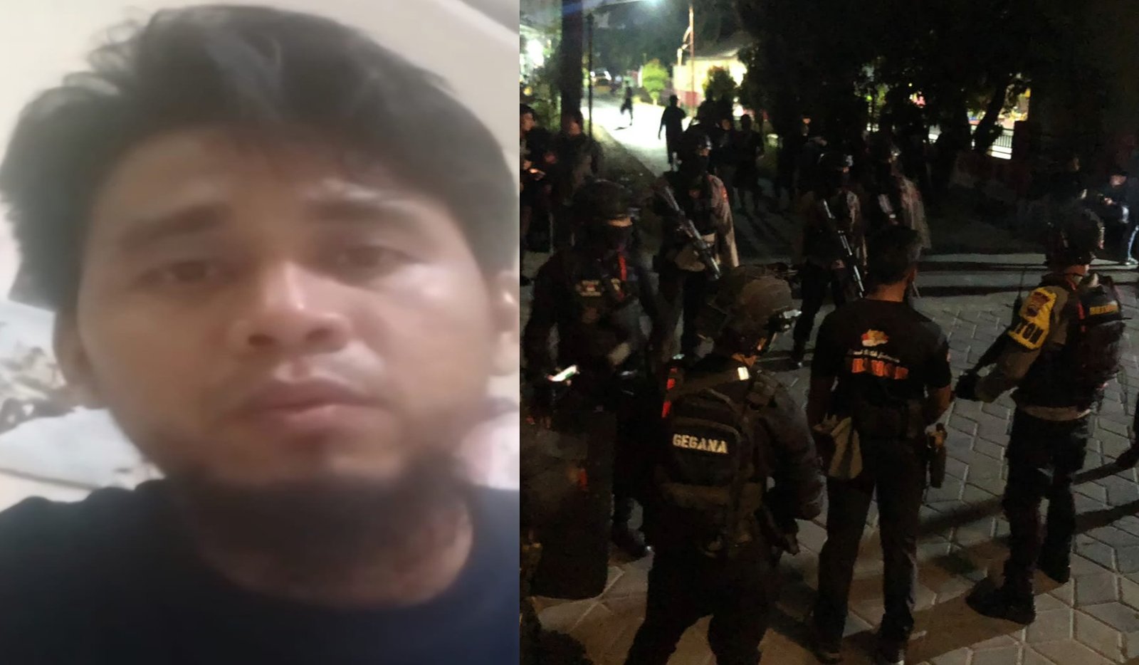 PENANGKAPAN EKS-NAPITER -- Kolase foto eks-napiter pelaku pembakaran mi babi di Sukoharjo (kiri) dan petugas yang melakukan penangkapan. (ist)