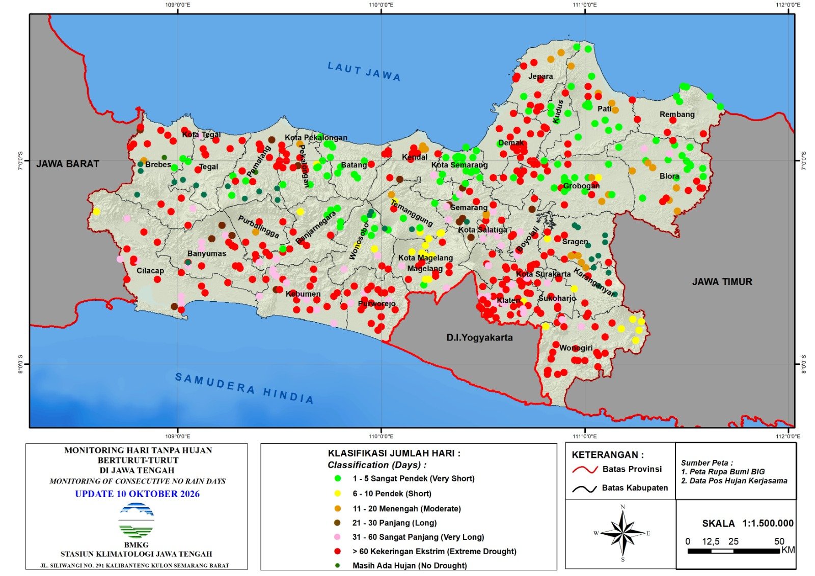 PETA KEKERINGAN--Peta monitoring wilayah hari tanpa hujan di Jateng yang dirilis BMKG. (ist)