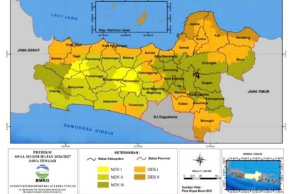 PETA HUJAN: Peta Prediksi Awal Musim Hujan 2026/2027 di Jawa Tengah yang dirilis oleh BMKG. (ist)