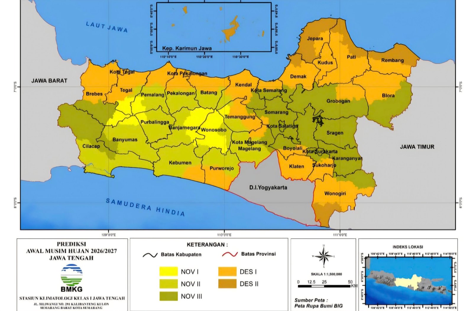 PETA HUJAN: Peta Prediksi Awal Musim Hujan 2026/2027 di Jawa Tengah yang dirilis oleh BMKG. (ist)