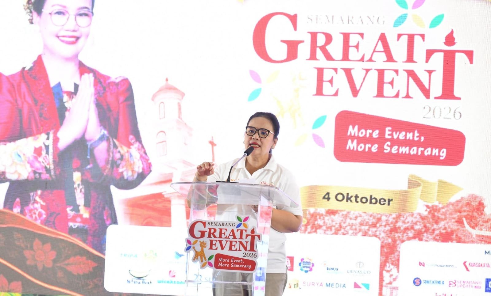 BERI SAMBUTAN: Wali Kota Semarang, Agustina Wilujeng sedang memberi sambutan dalam rangkaian acara Semarang Great Event. (ist)