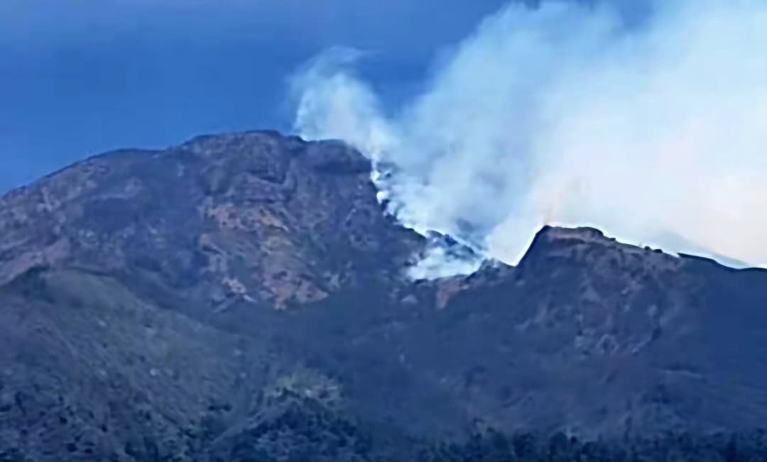 GUNUNG KEBAKARAN: Asap kebakaran mengepul di dekat area puncak Gunung Sumbing, Selasa (20/10/2026) siang. (ist)